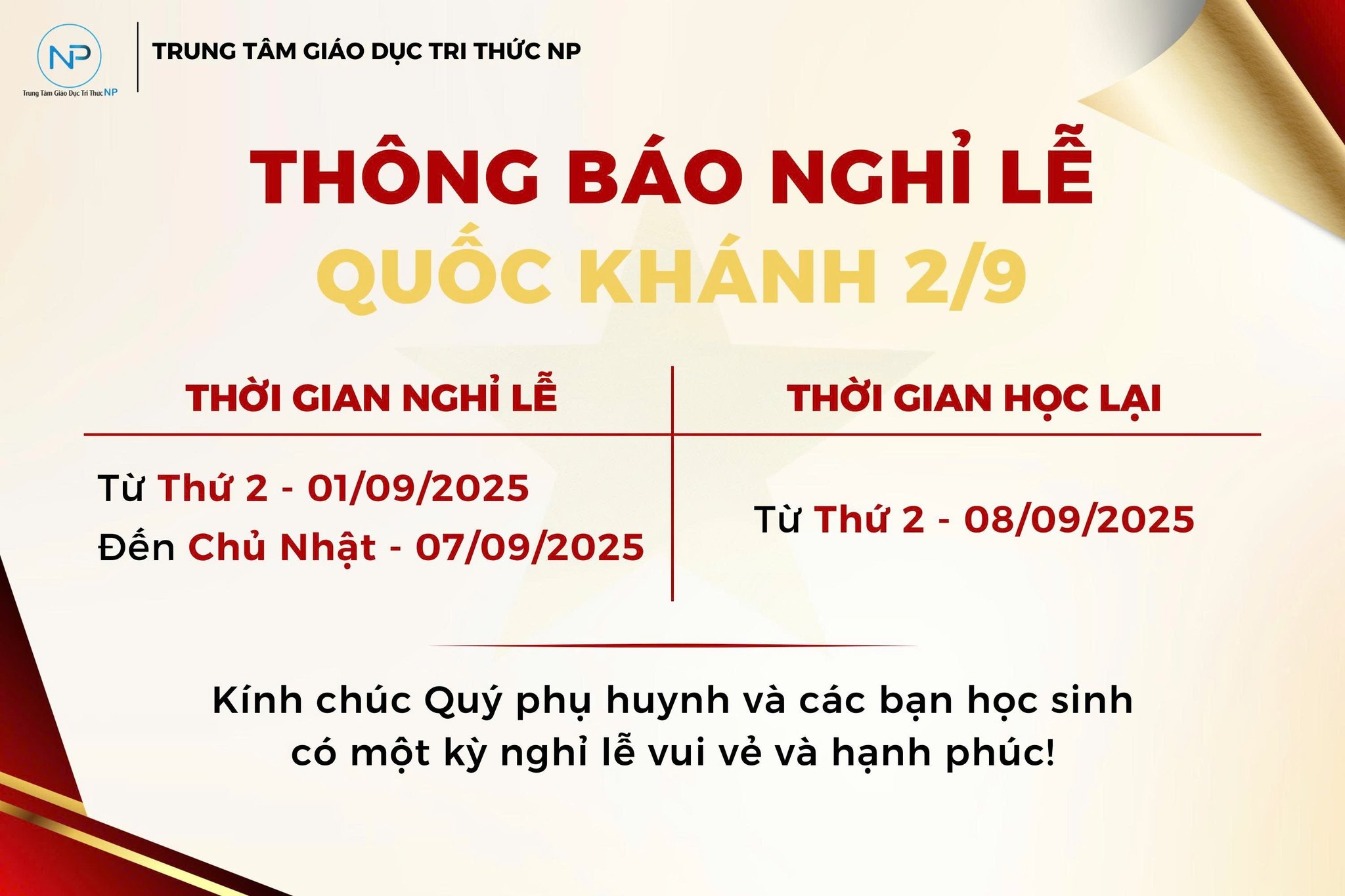 📢 THÔNG BÁO NGHỈ LỄ QUỐC KHÁNH 2/9