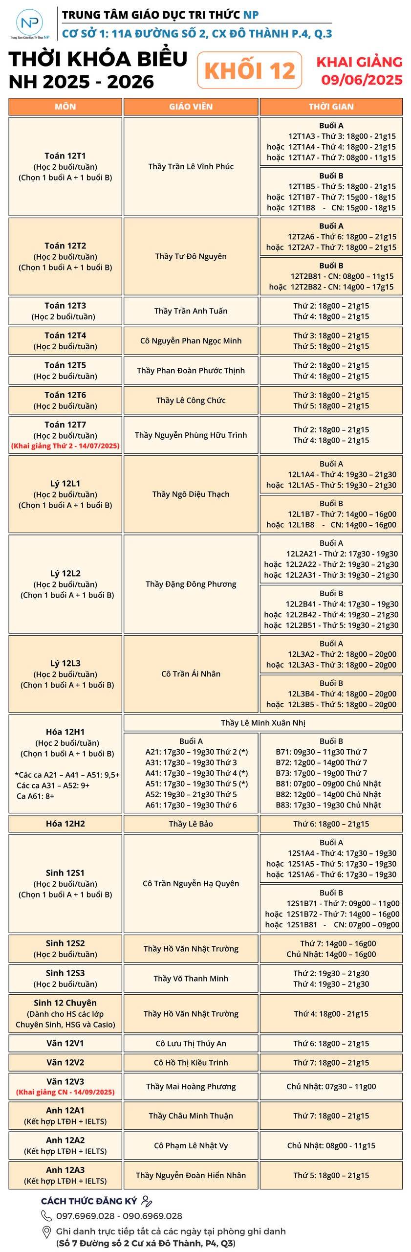 Thông báo: TKB chính thức Khóa 1 (Khóa hè) năm học 2025 - 2026 - Cơ sở Quận 3. (Cập nhật đầy đủ).