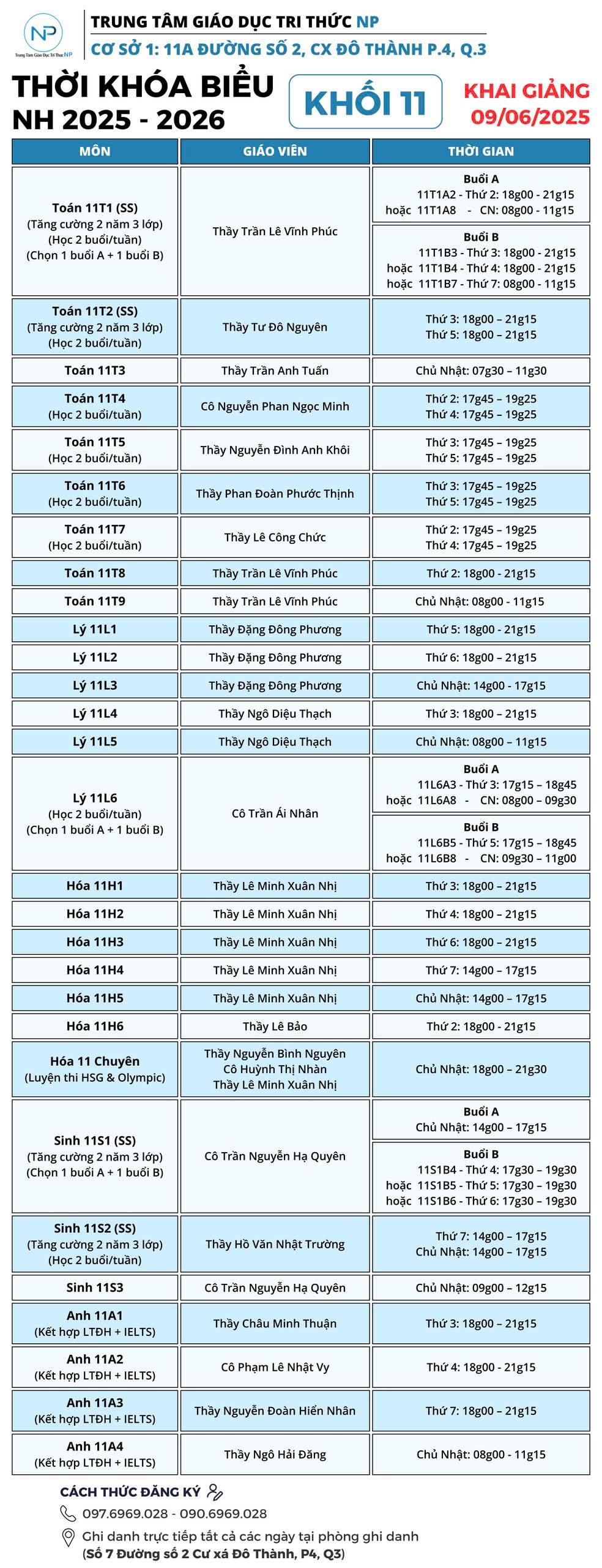 Thông báo: TKB chính thức Khóa 1 (Khóa hè) năm học 2025 - 2026 - Cơ sở Quận 3. (Cập nhật đầy đủ).