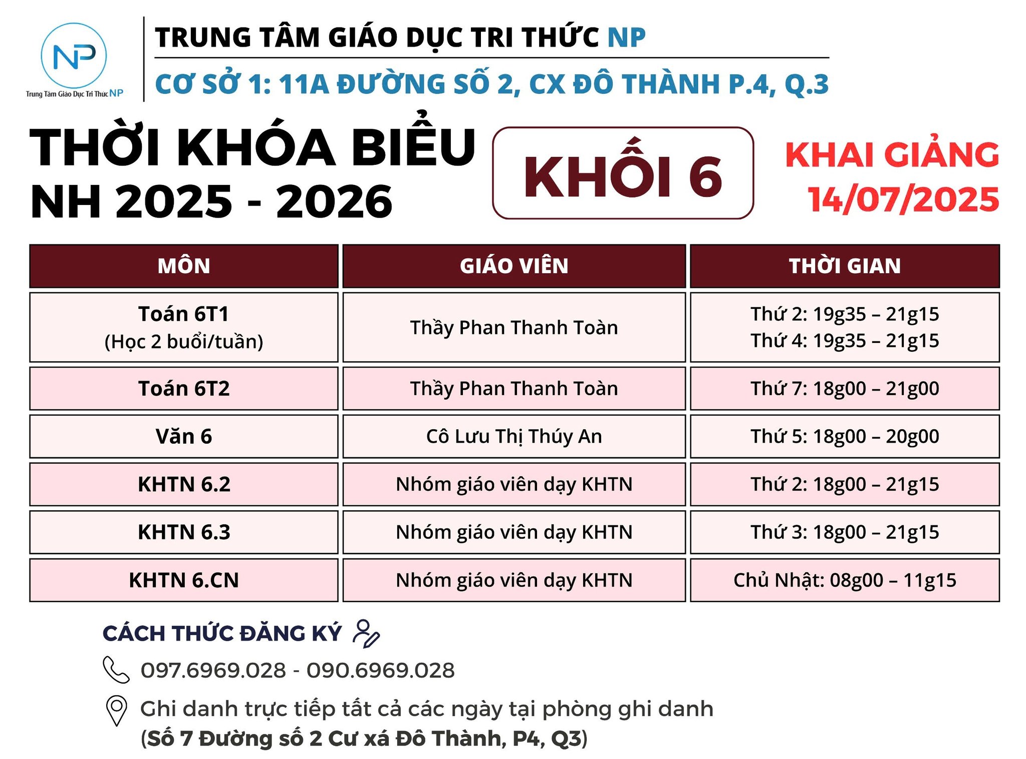 Thông báo: TKB chính thức Khóa 1 (Khóa hè) năm học 2025 - 2026 - Cơ sở Quận 3. (Cập nhật đầy đủ).