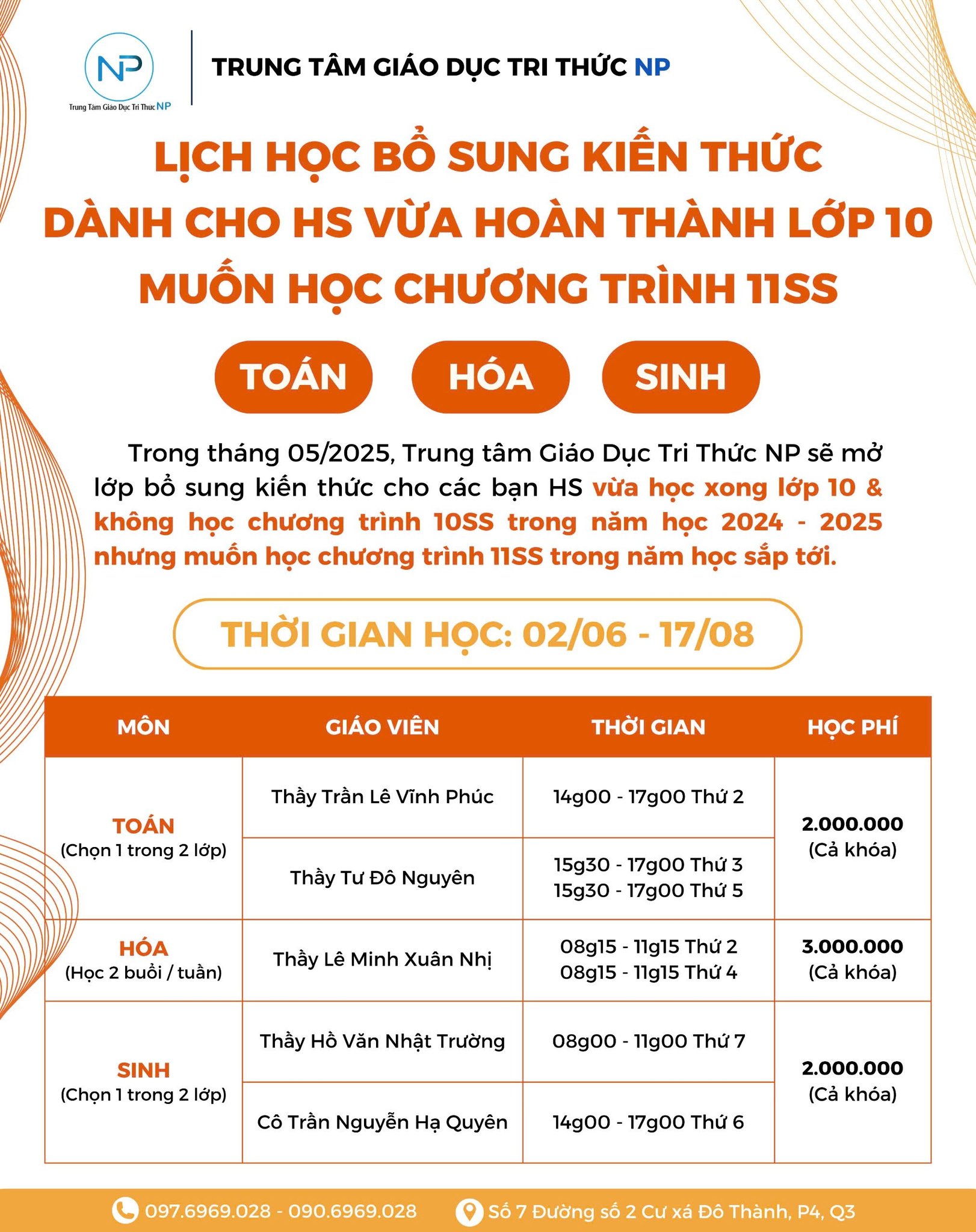 Thông báo: TKB chính thức Khóa 1 (Khóa hè) năm học 2025 - 2026 - Cơ sở Quận 3. (Cập nhật đầy đủ).