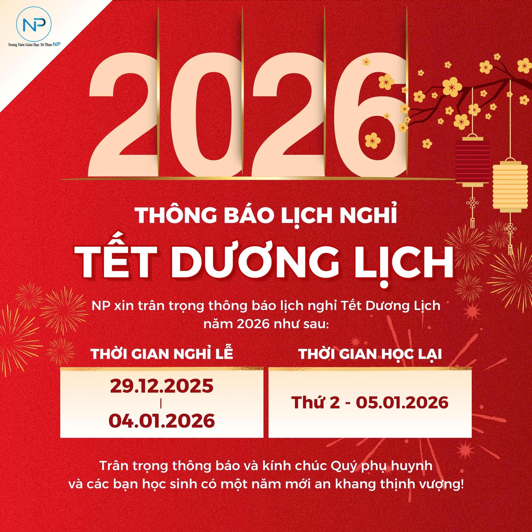 THÔNG BÁO LỊCH NGHỈ TẾT DƯƠNG LỊCH 2026