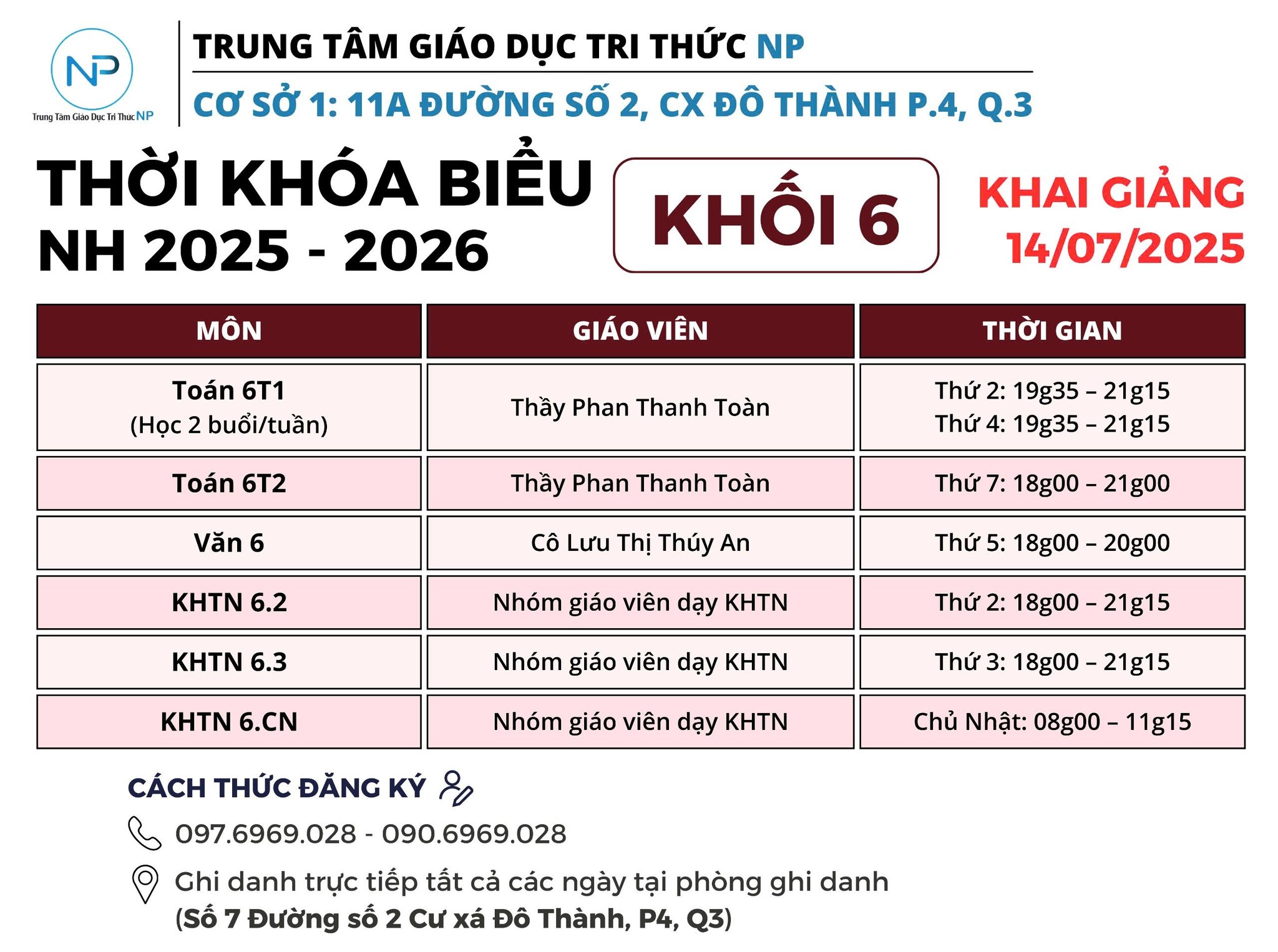 Lịch học chi tiết