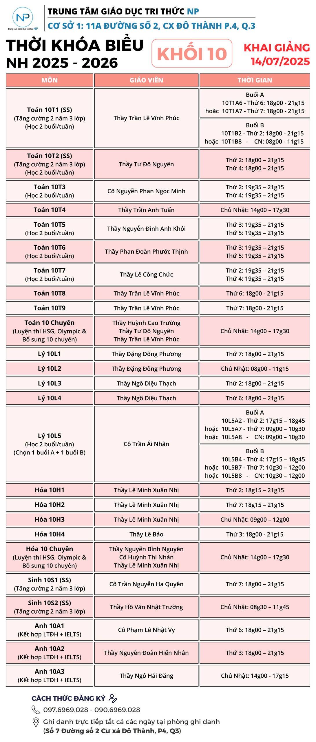 Lịch học chi tiết